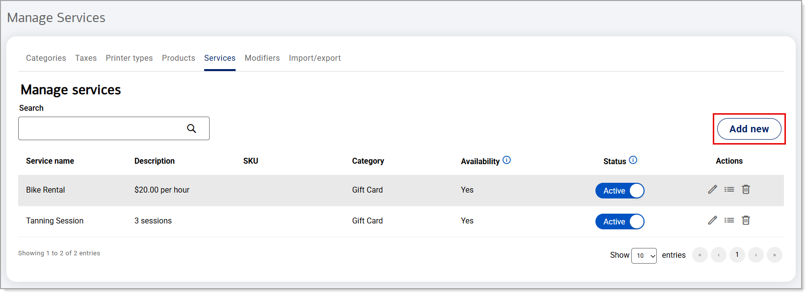 Button to add a new service