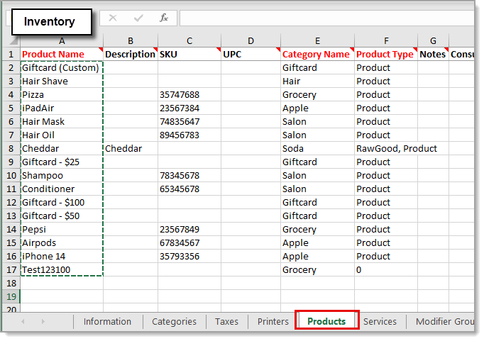 Products tab highlighted in the inventory spreadsheet.