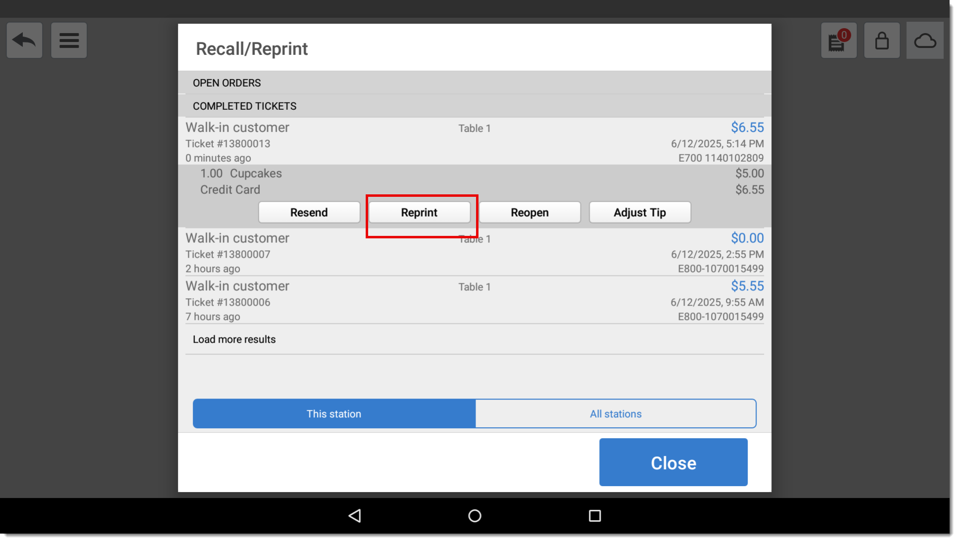 Ticket details expanded with the reprint option highlighted.