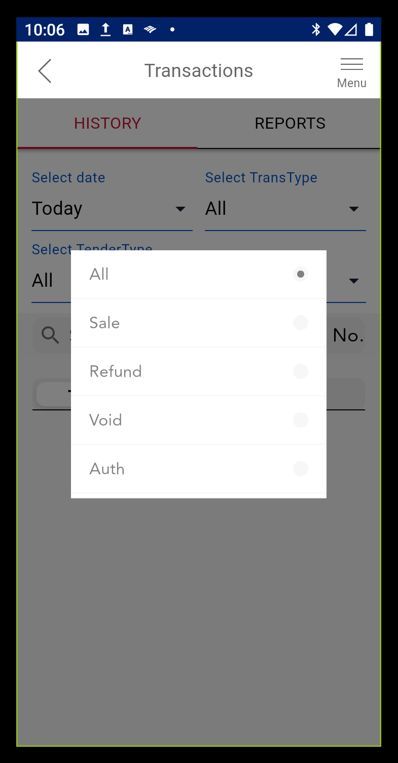 transaction history tender type options