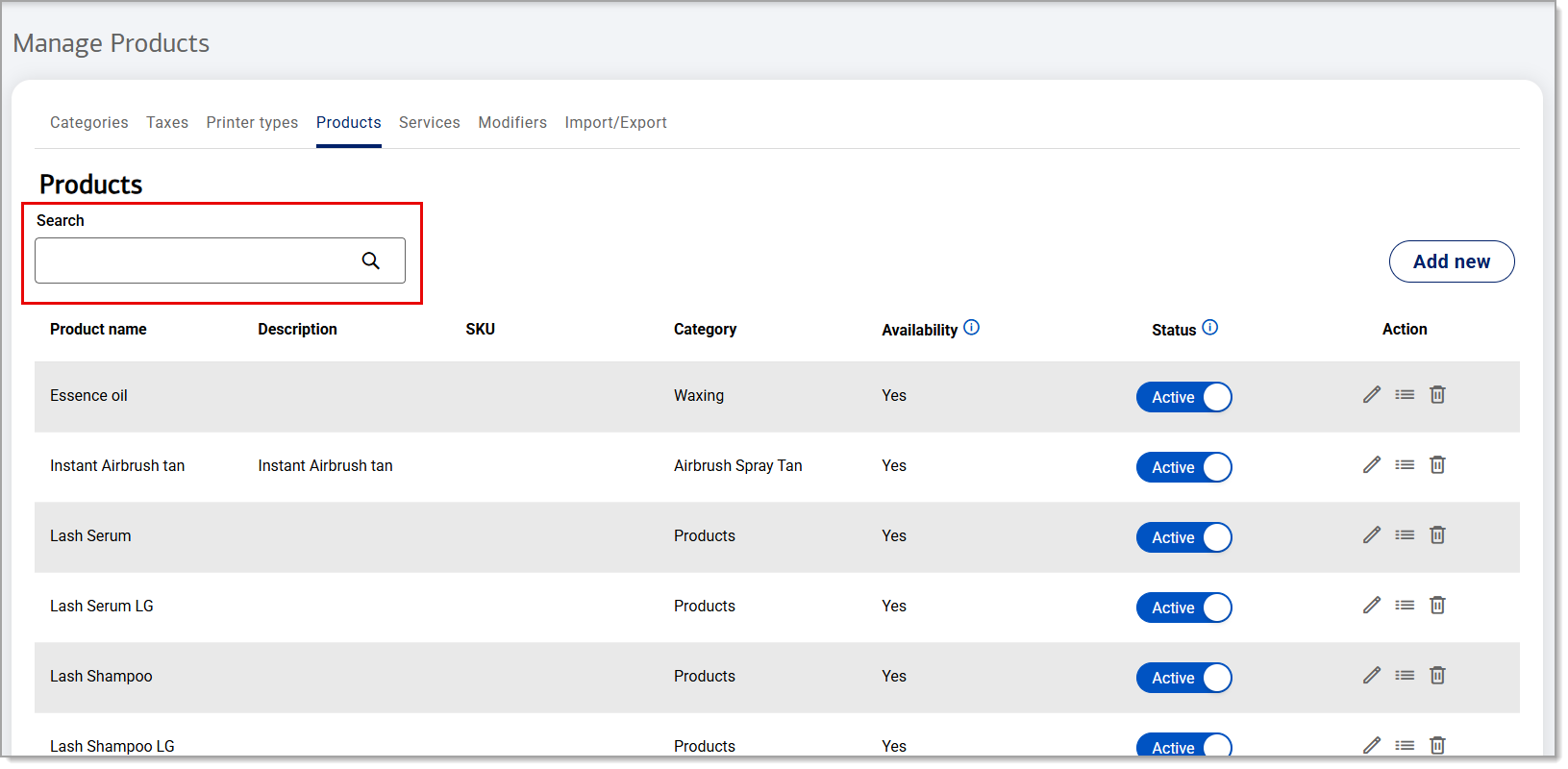 Search field highlighted in Manage Products