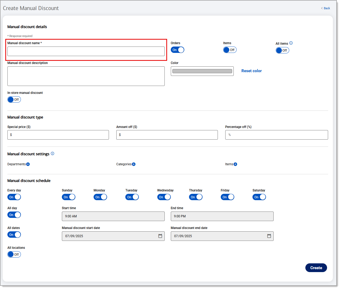 Manual discount name field highlighted.