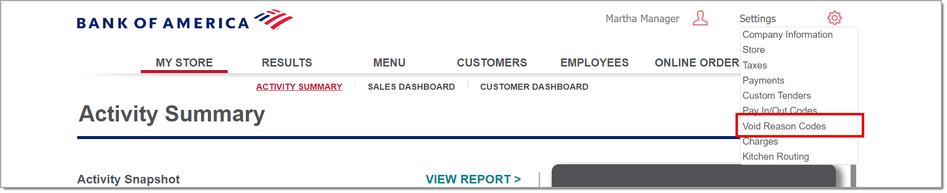 settings void reason code option