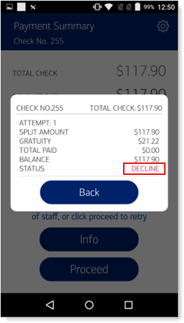 Check info showing the payment was declined