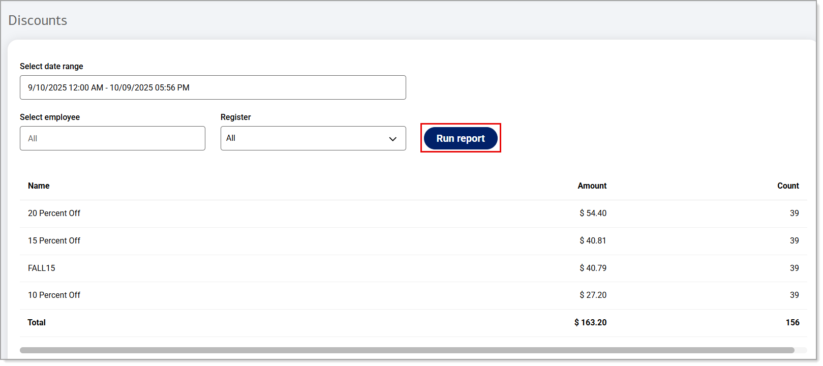 Discounts report dashboard with Run report button highlighted