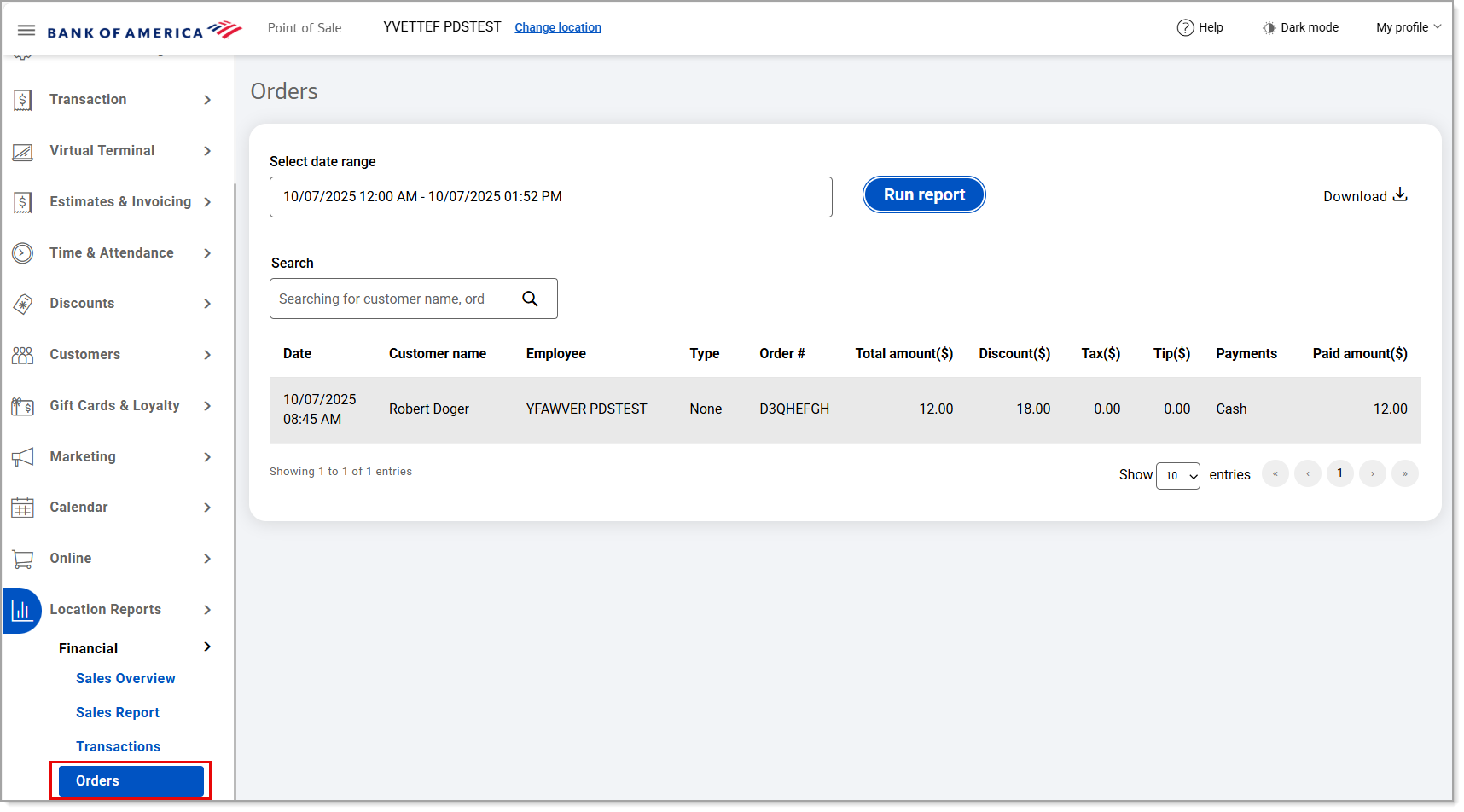 Orders menu option in the Back Office