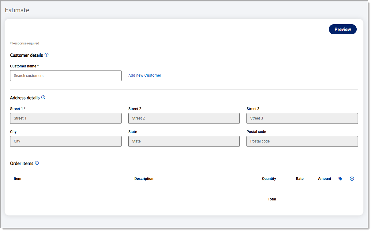 Estimate form with fields to add customer name, address details, and order items.