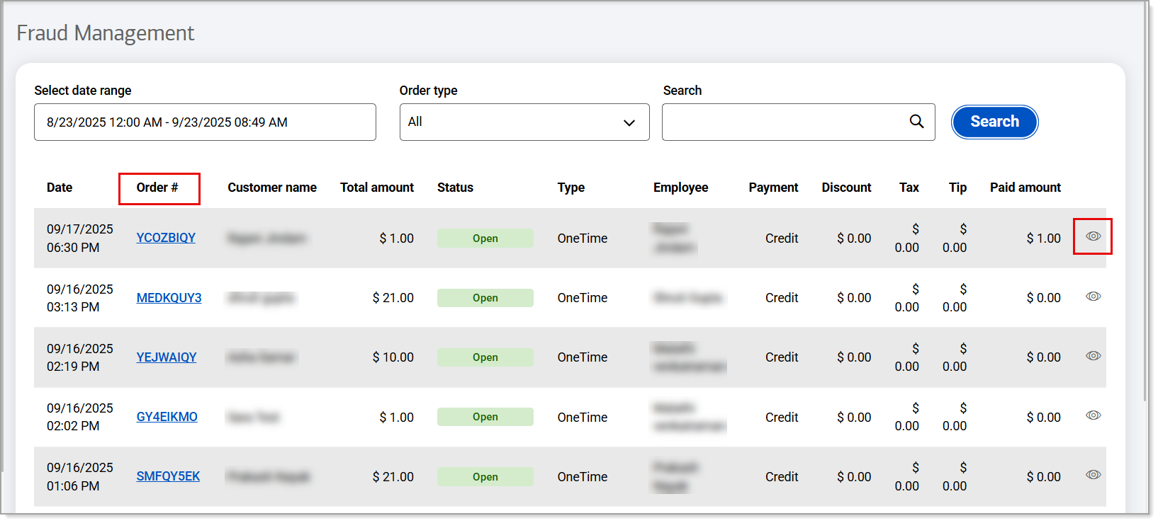 Fraud management screen order # column highlighted