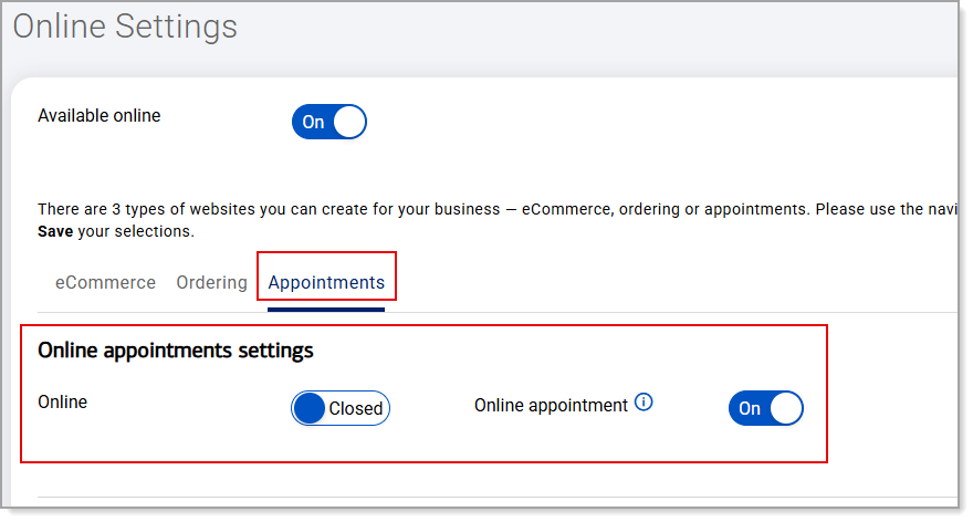 Online Settings - Appointments tab