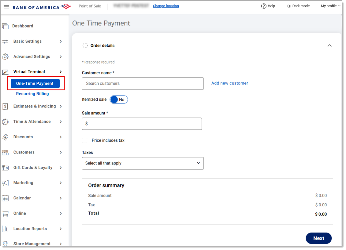 Order details screen under One-Time Payment.
