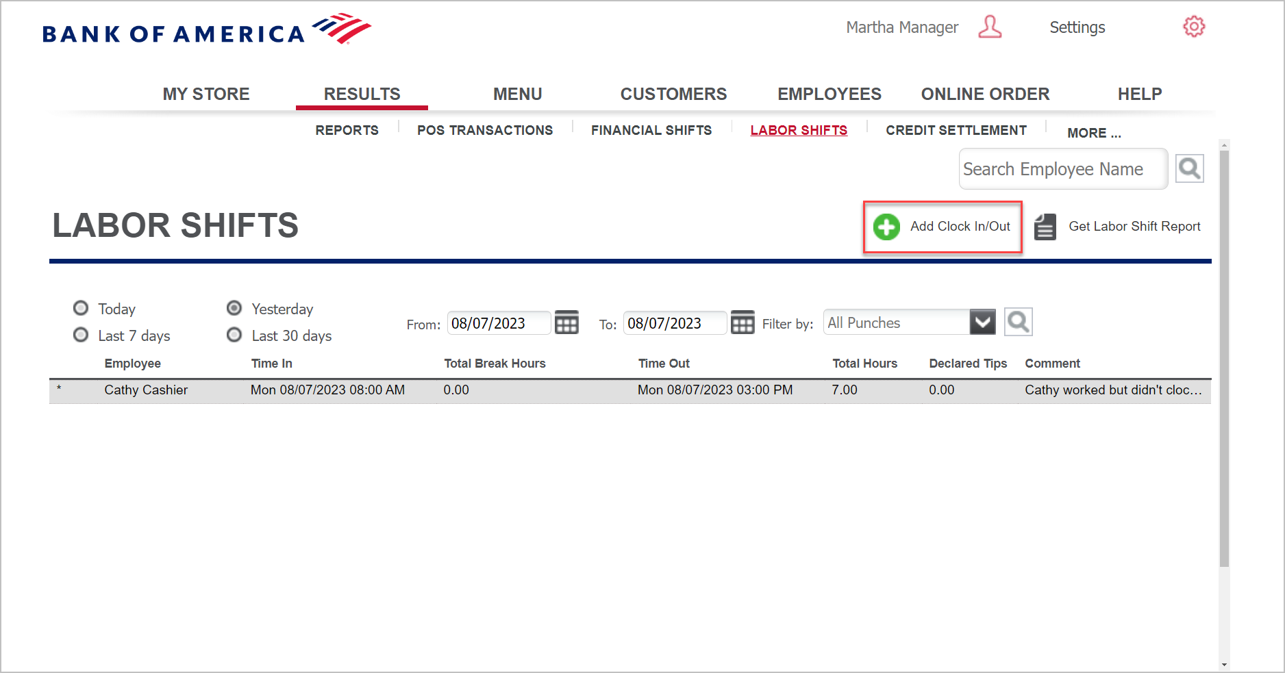 Back Office Labor Shifts with Add Clock in/out button highlighted