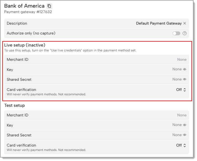 FoxyCart's payment setting configuration screen for the Bank of America payment method
