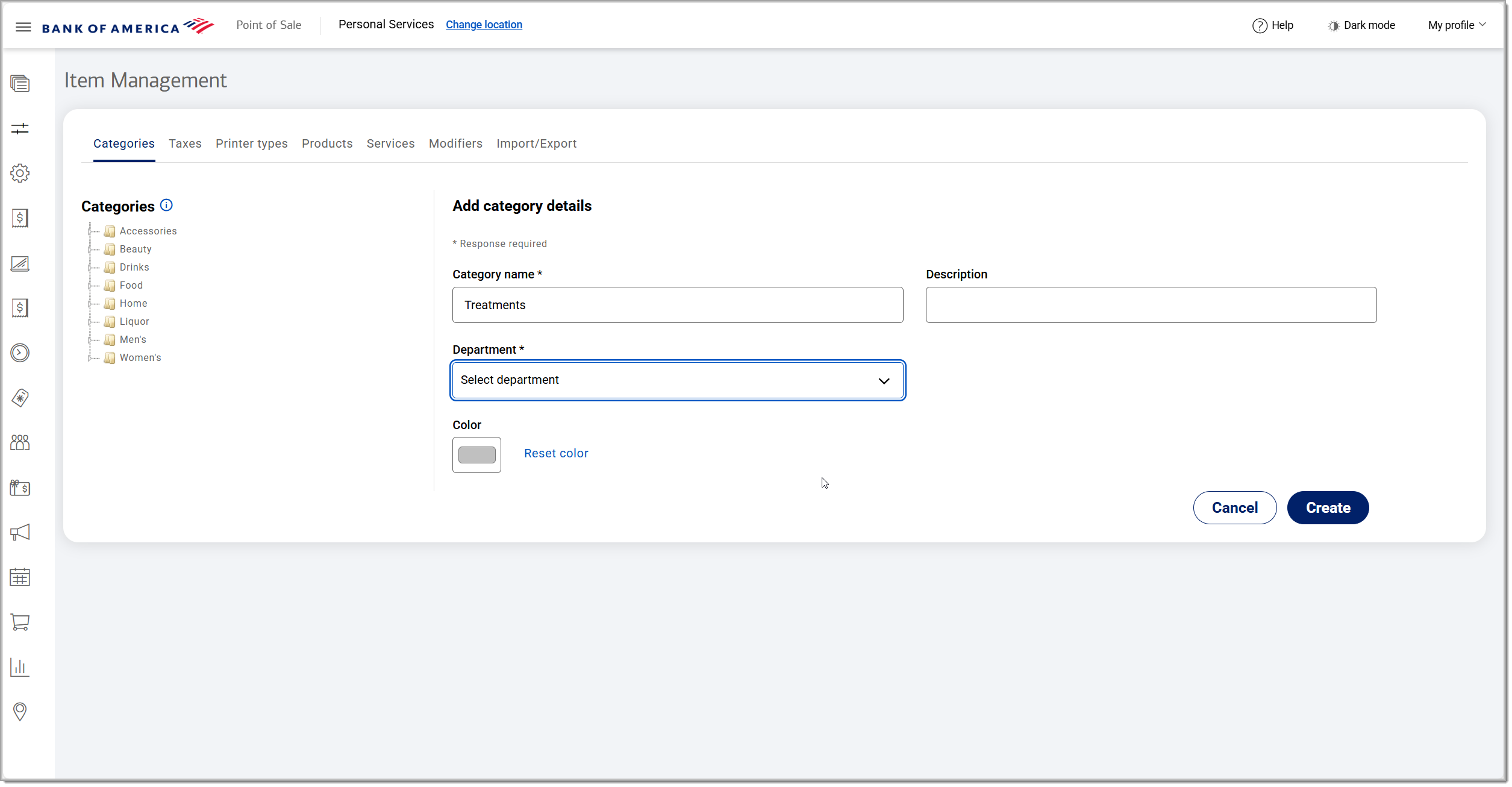 add a category with department selected