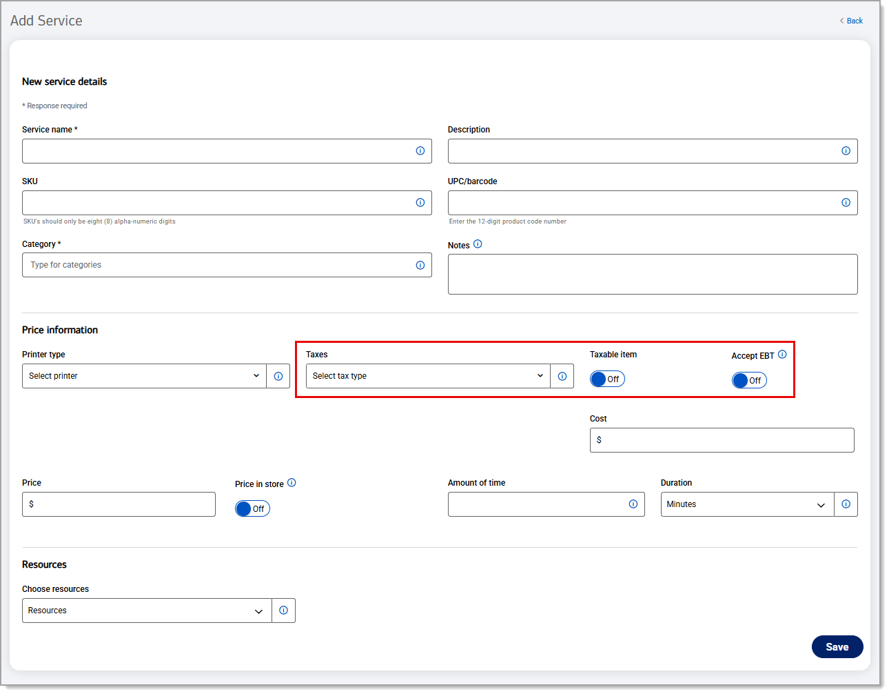 Taxes field, Taxable item toggle and Accept EBT toggle highlighted under Price information.