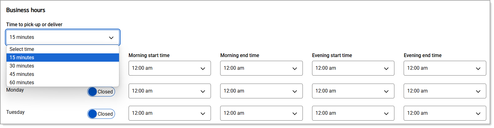 Online settings business hours field selections