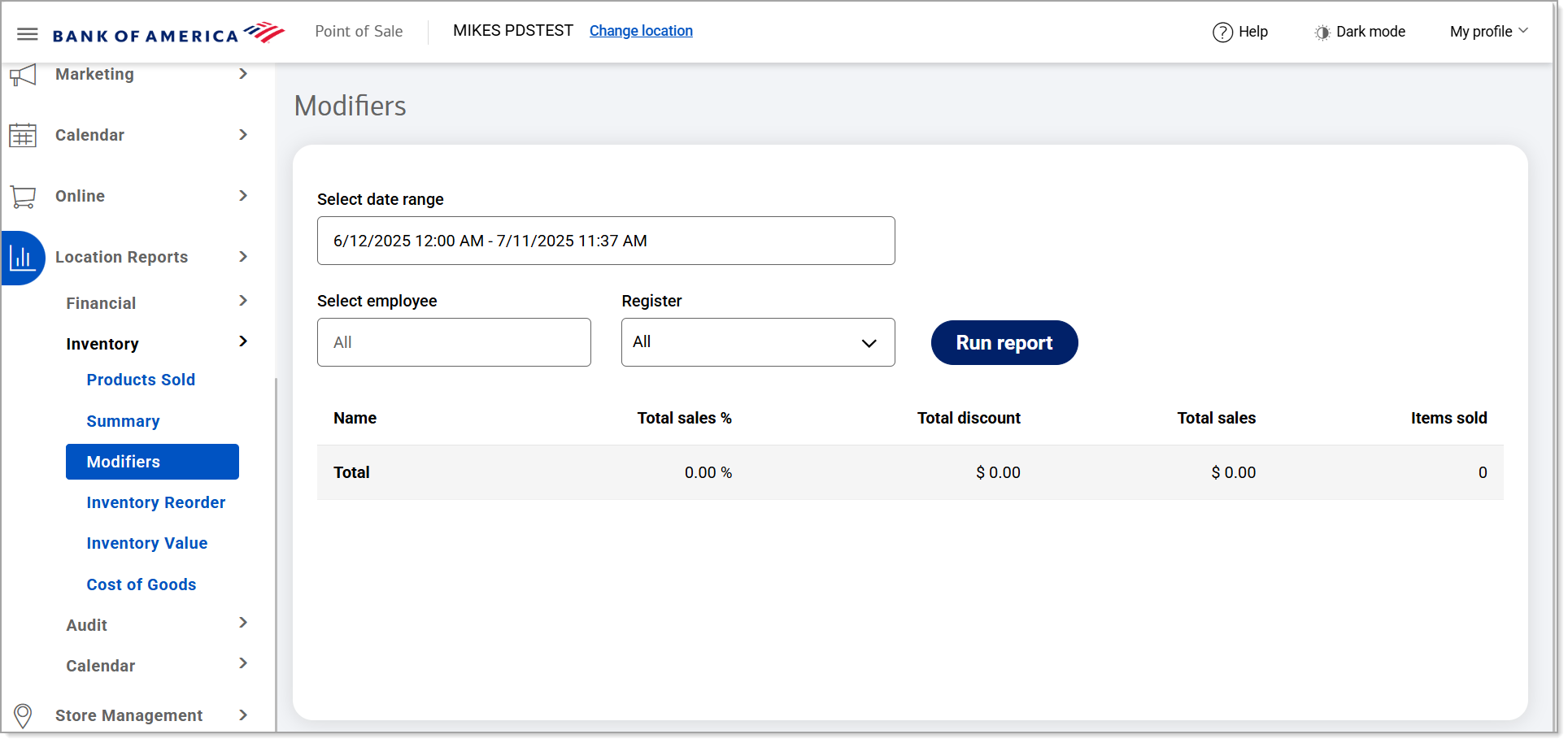 Modifiers report screen