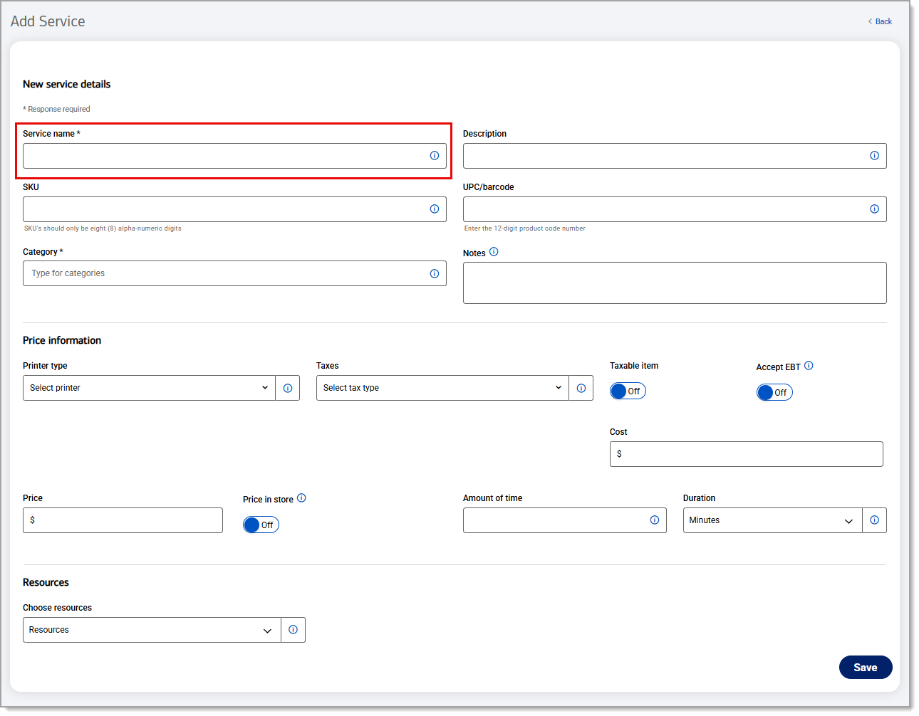 Service name field highlighted under New service details.
