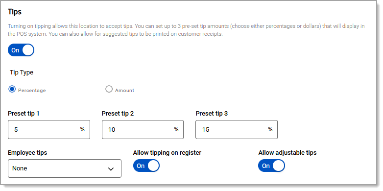 Tips section with toggle to accept tips, radio button for tip type, preset tip amounts, and additional toggle options.