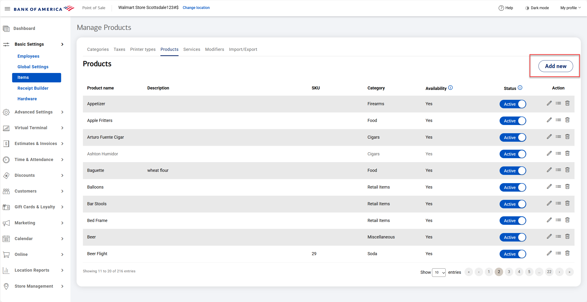 Products screen - Add new option