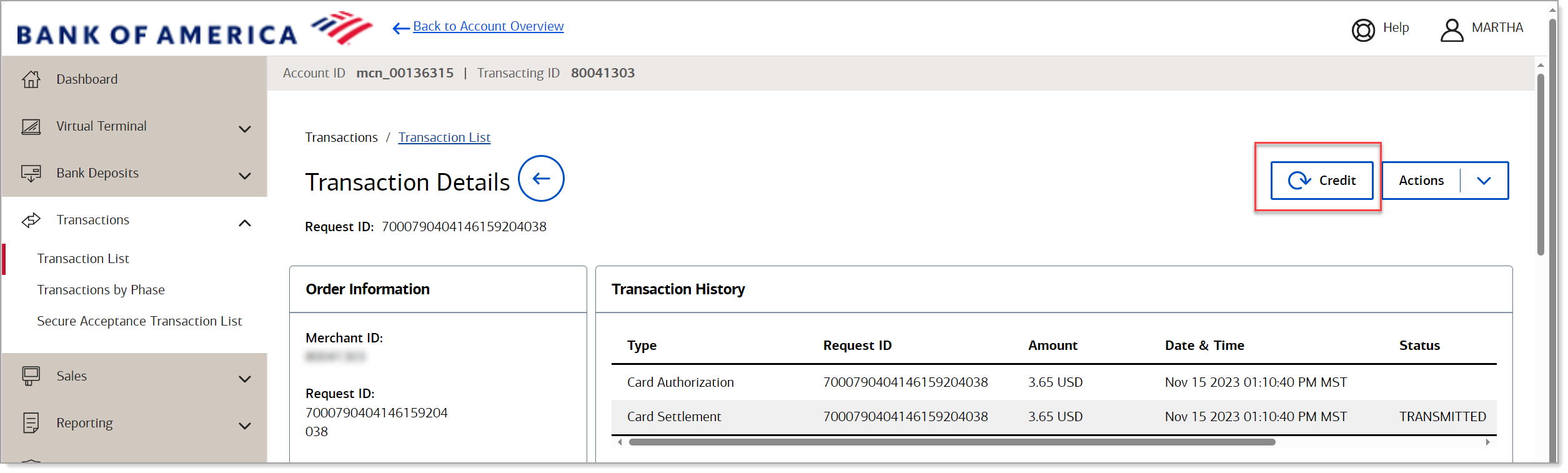 transaction details with credit button highlighted