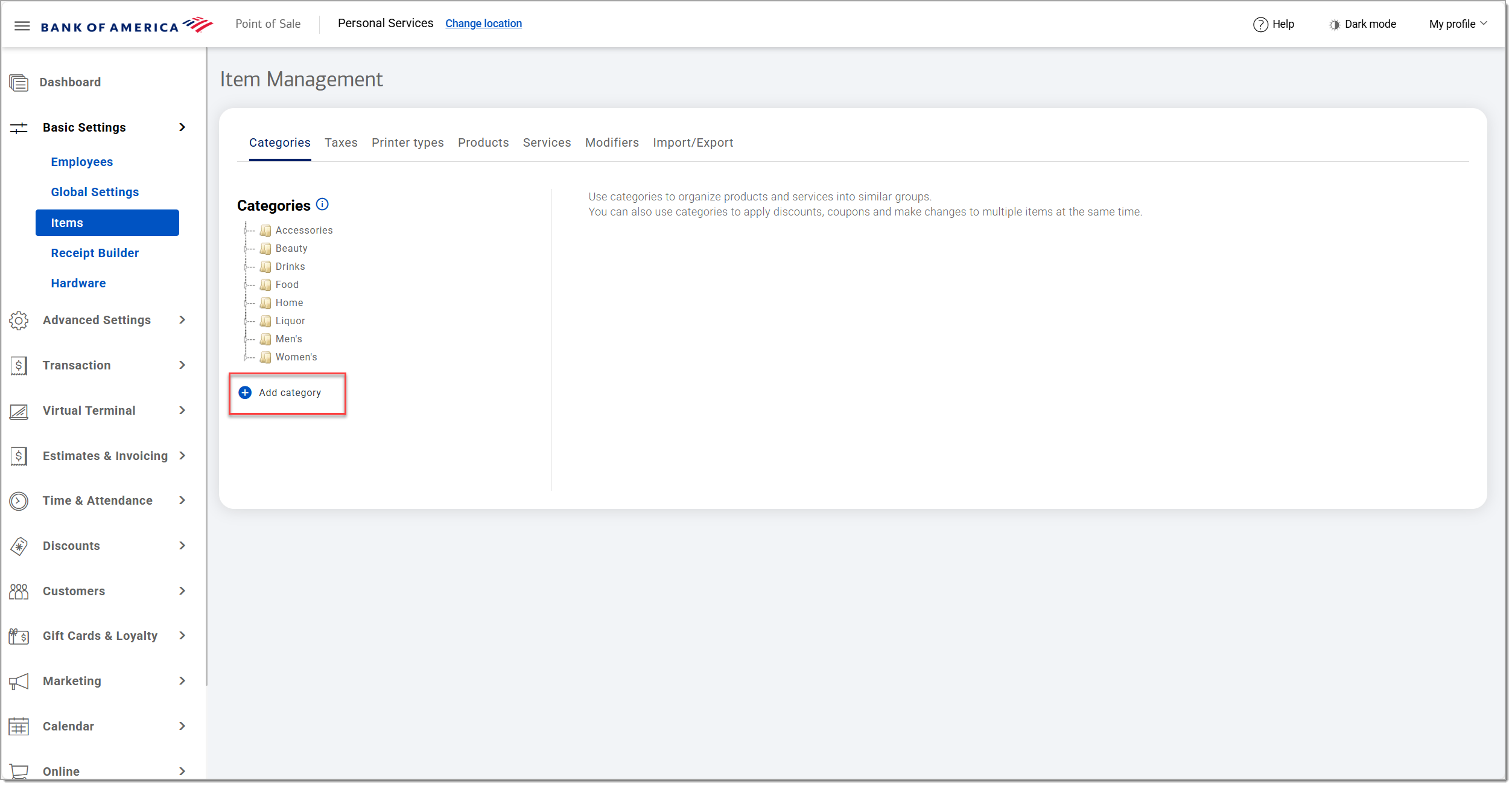 Categories tab with add a category highlighted