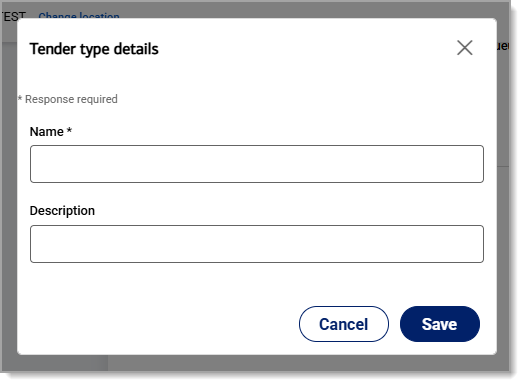 Tender type window with name and description fields.