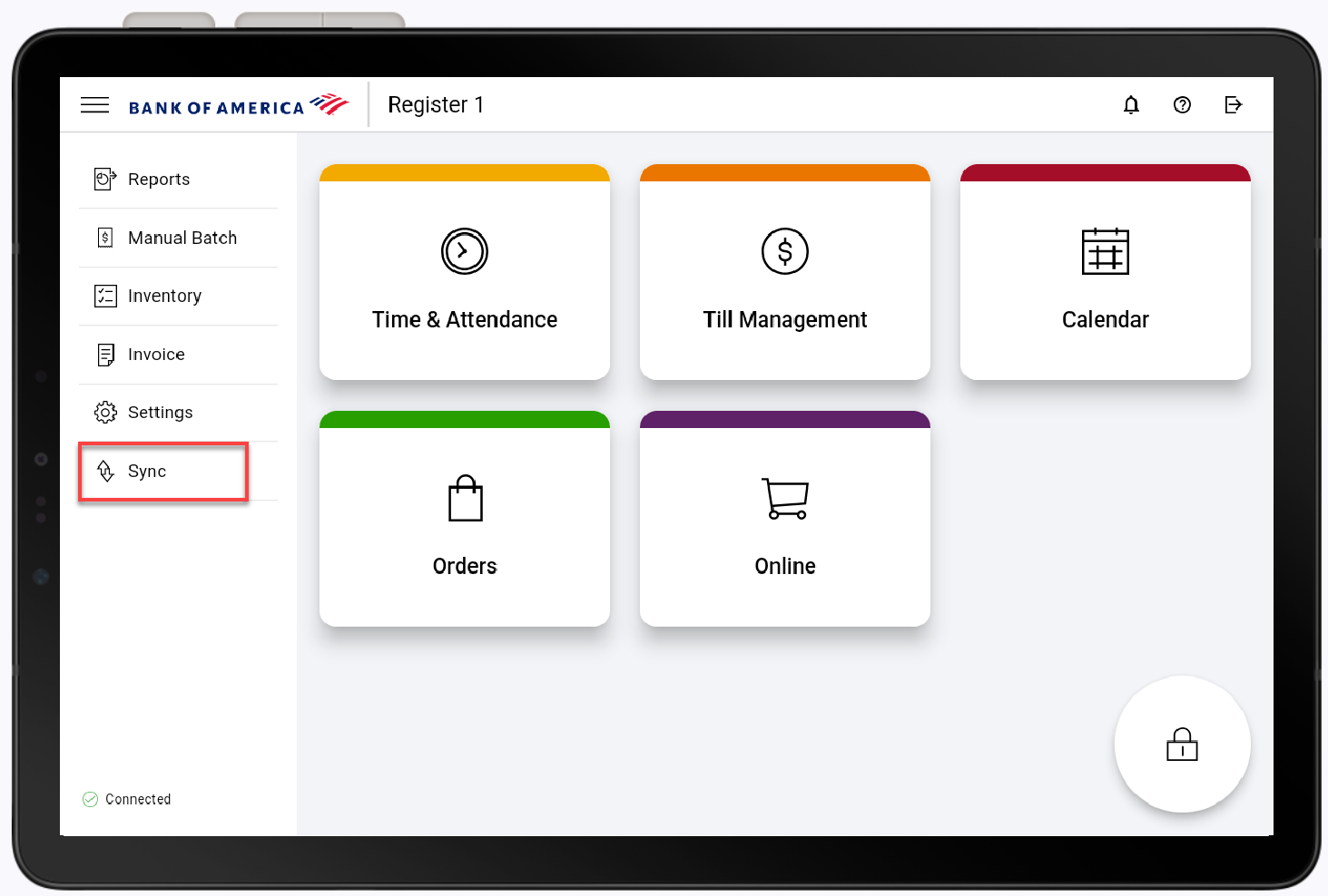 pos app navigation menu with Sync highlighted