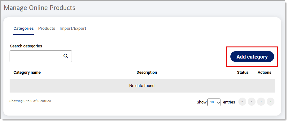 Add category button highlighted under the categories tab from Manage Online Products.