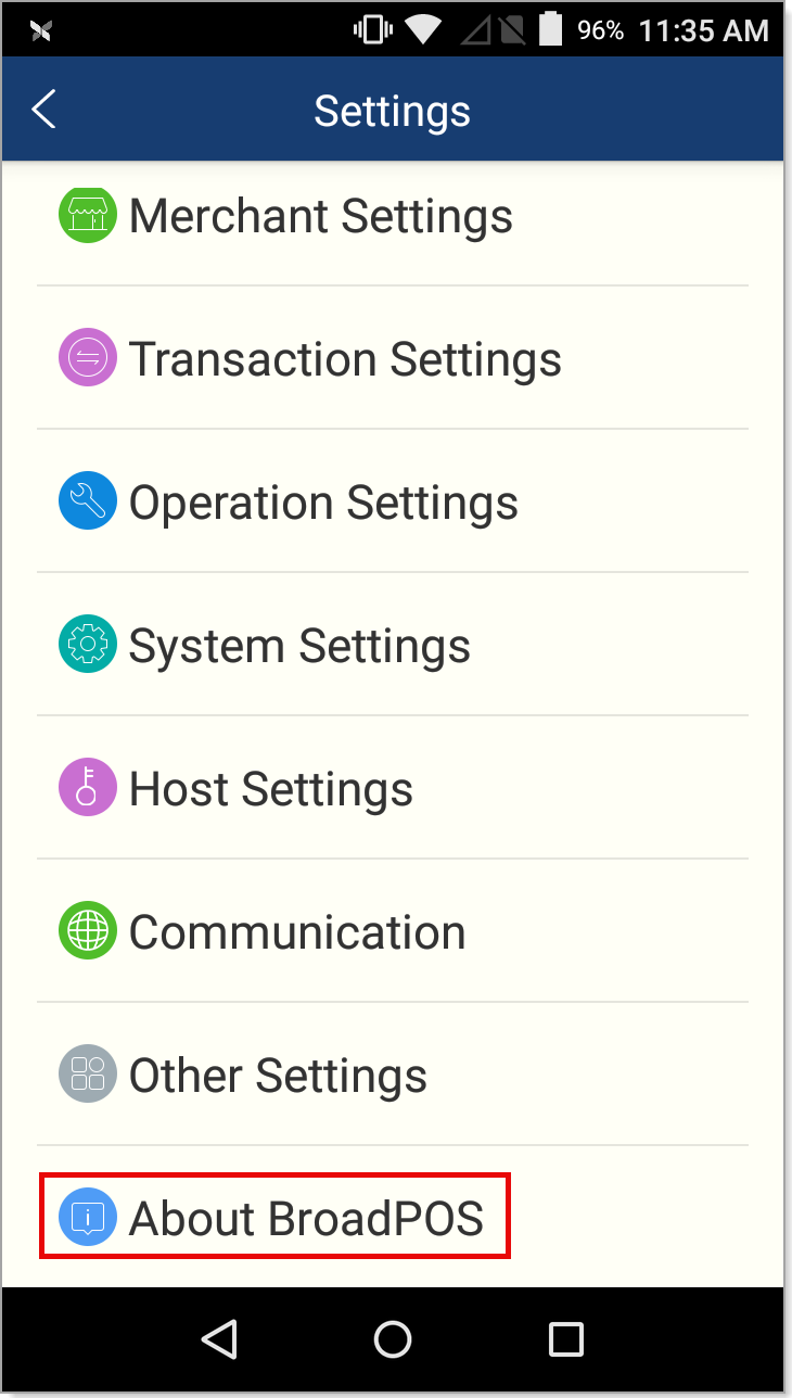 Settings About BroadPOS option