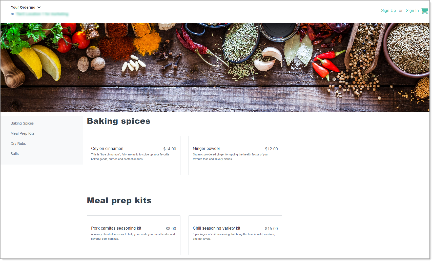 Sample eCommerce or Ordering site in Preview