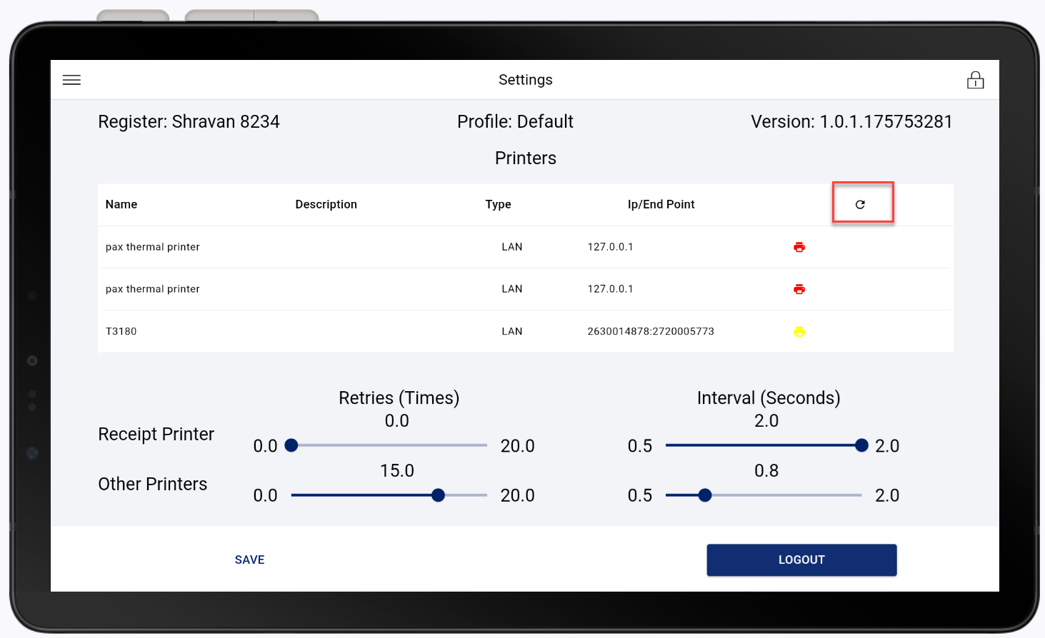refresh button highlighted on Hardware Settings