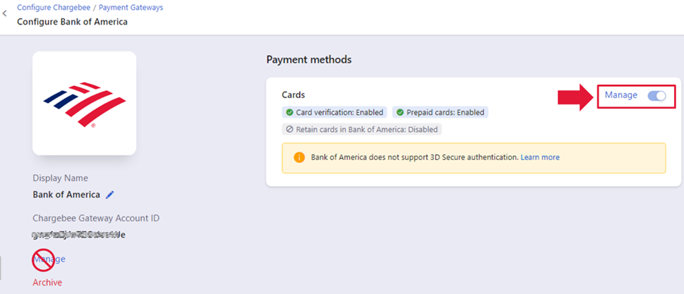 Manage link under Payment methods