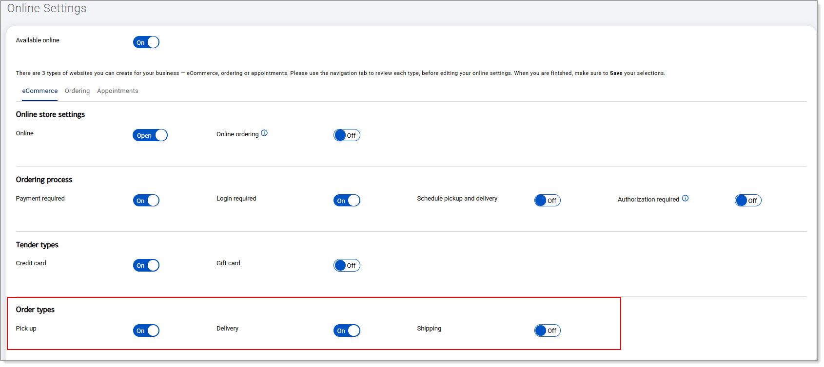 Online settings ecommerce Order types settings