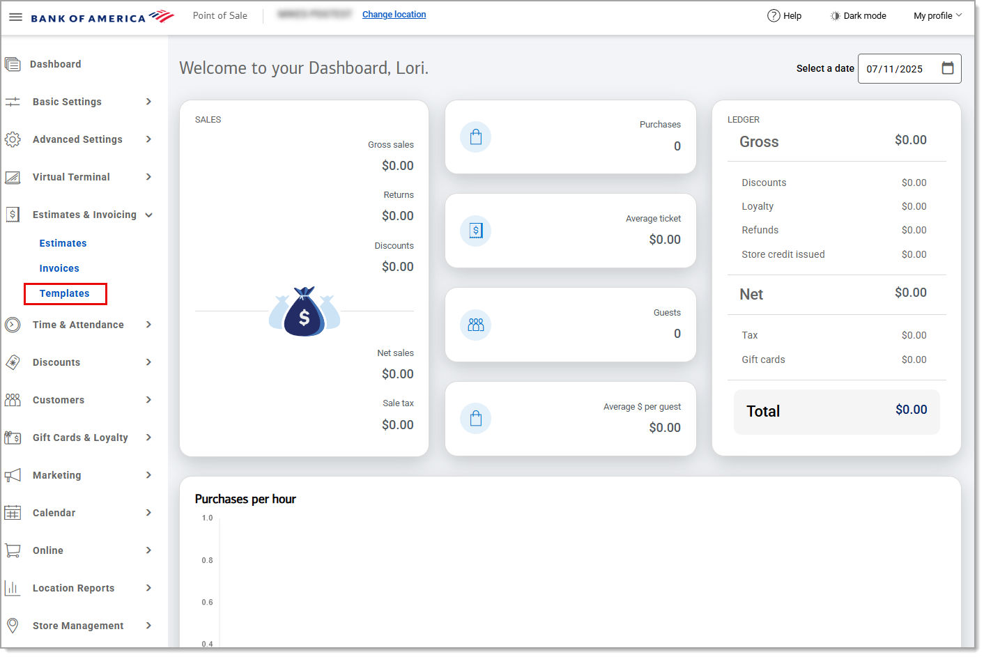 Templates highlighted under Estimates and Invoicing in the navigation menu.