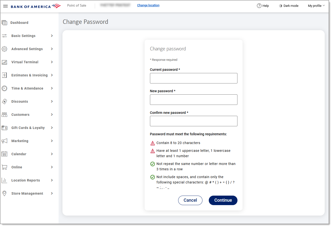 Change password screen with fields to enter current password, new password, and confirm new password.
