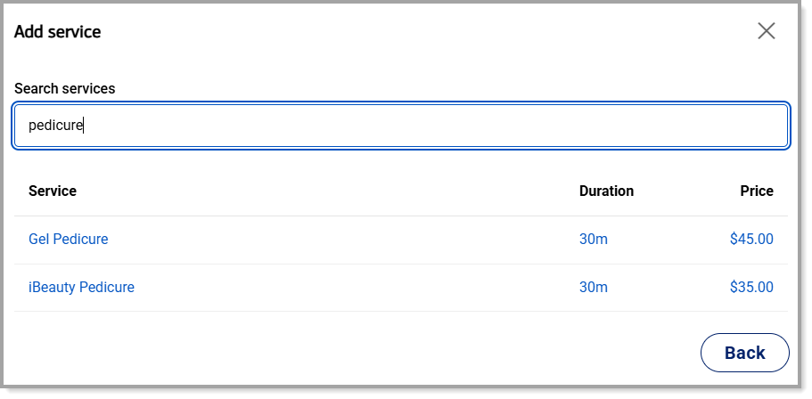 Select a service to add to a customer appointment
