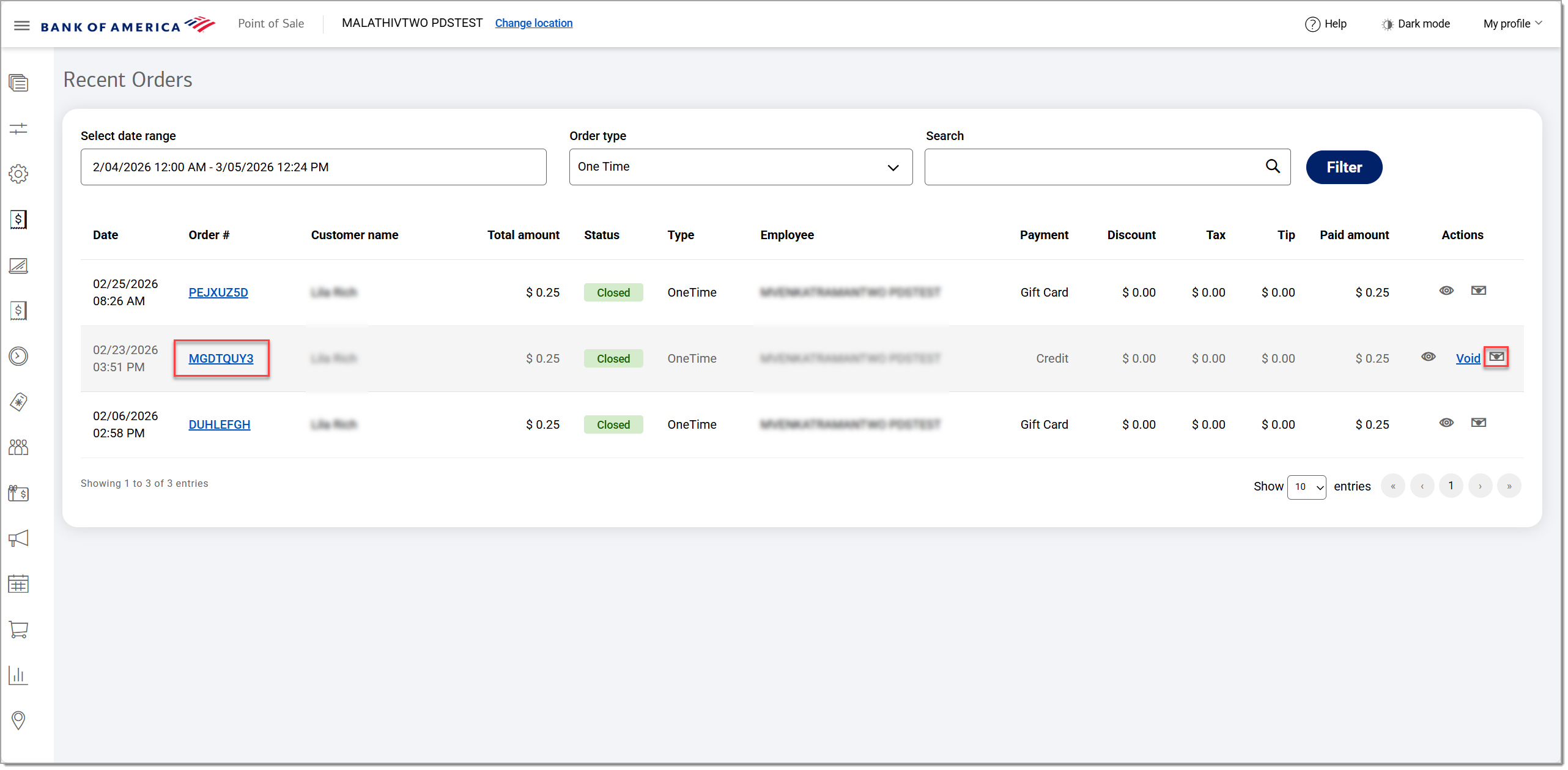 Resend a receipt from order details or by clicking the resend receipt icon