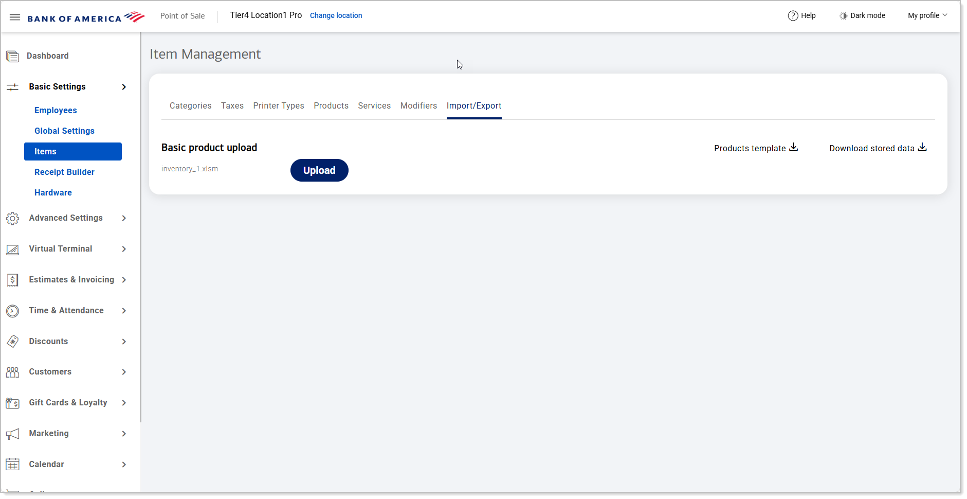 Item management - Basic Product Upload screen
