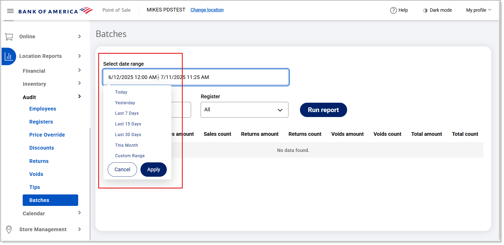 Batches - select date range options