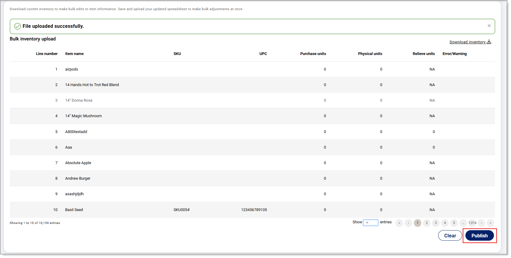 File uploaded successfully status message and Publish button