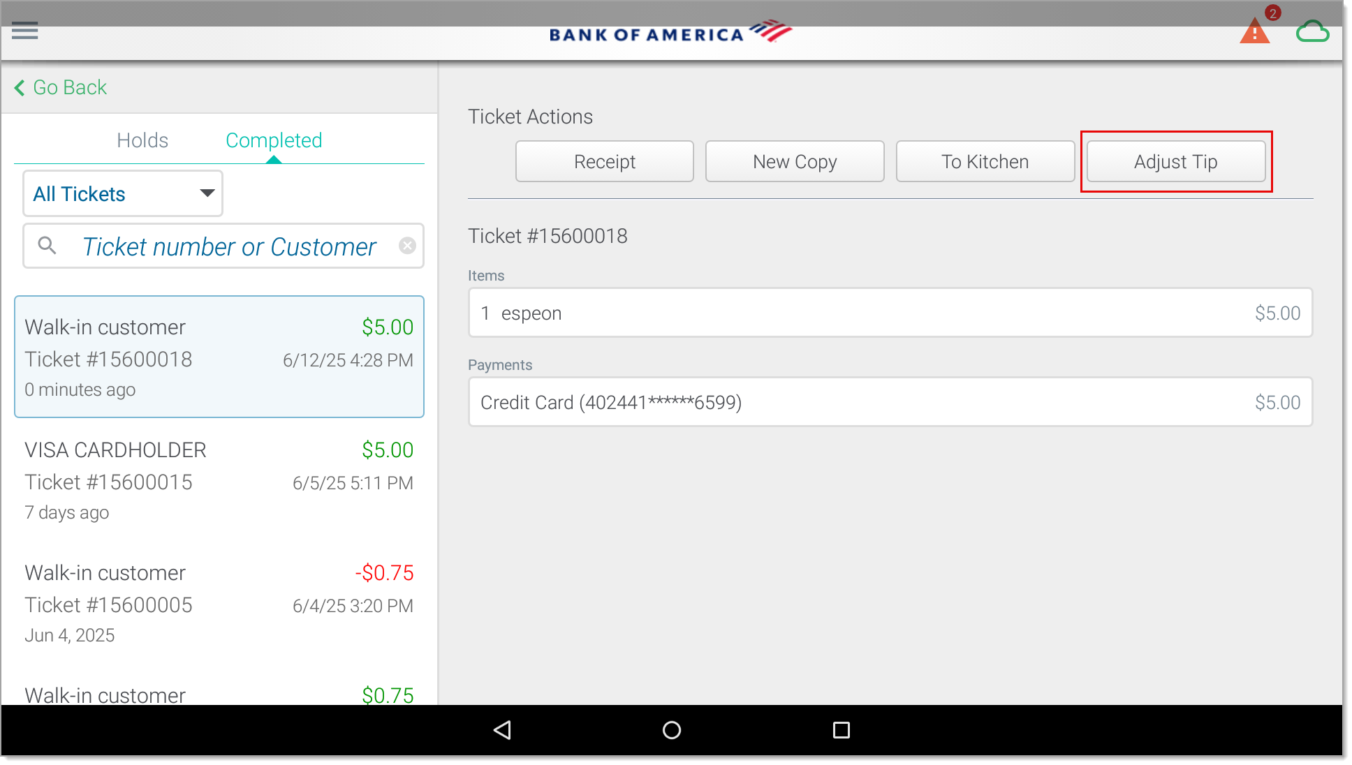 Adjust Tip highlighted in Ticket Actions