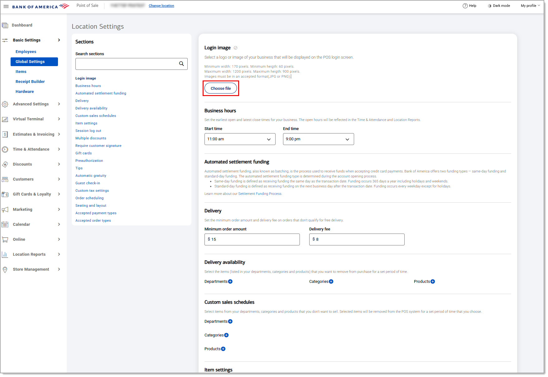 Location settings screen with Choose file highlighted under Login image.