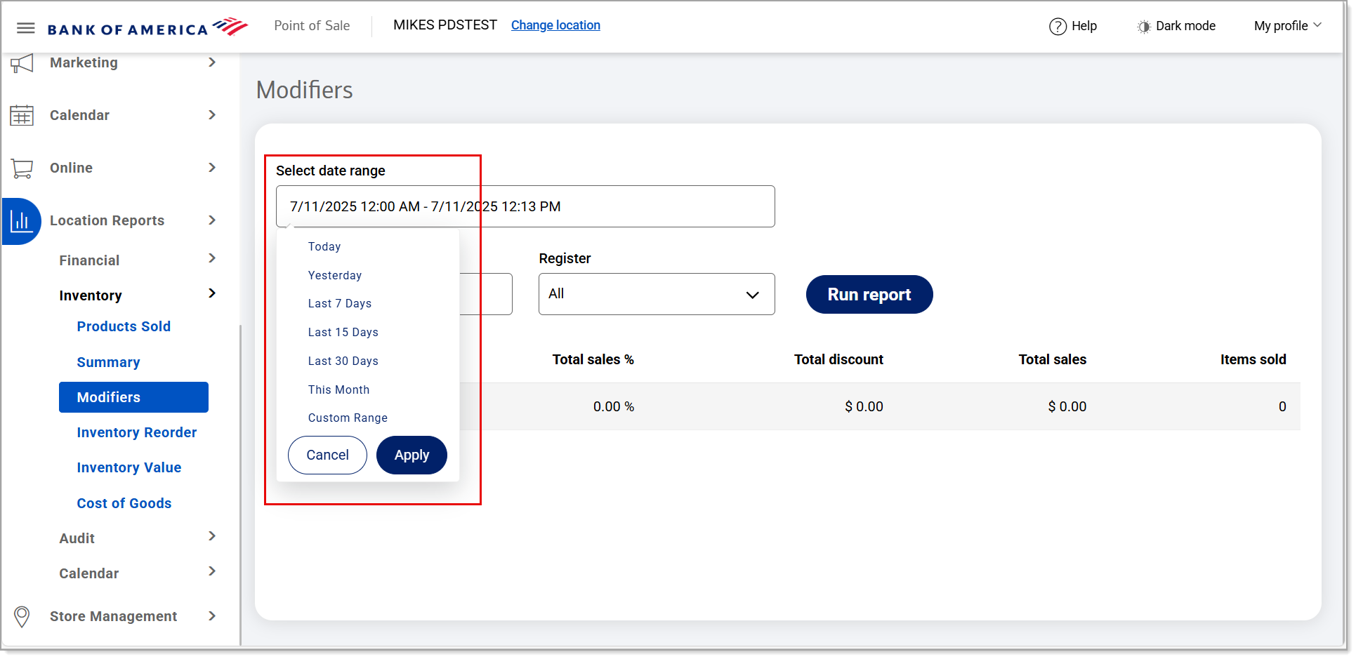 Modifiers report date range options