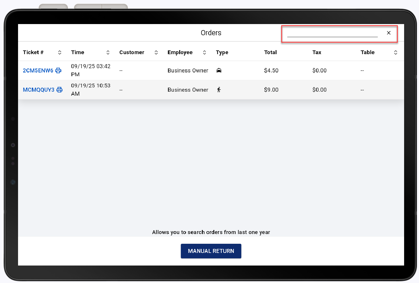 orders search highlighted