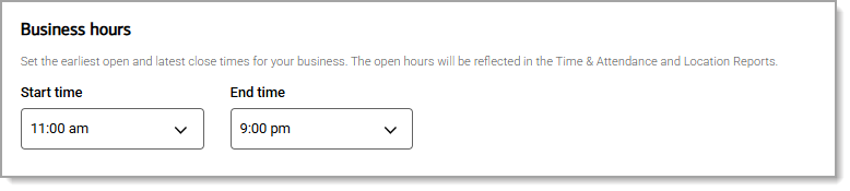 Business hours section with start and end time fields.