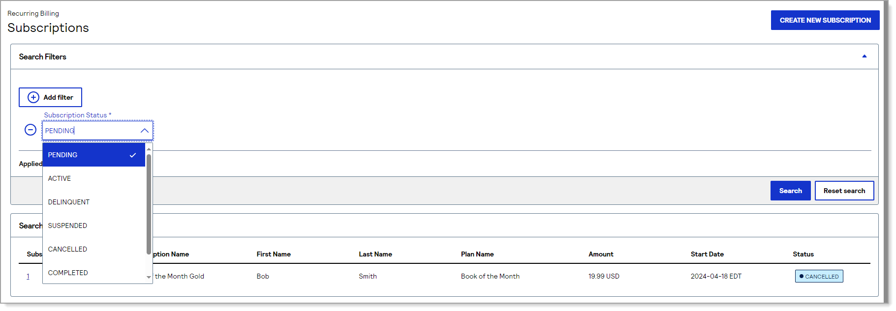 filter subscription by status