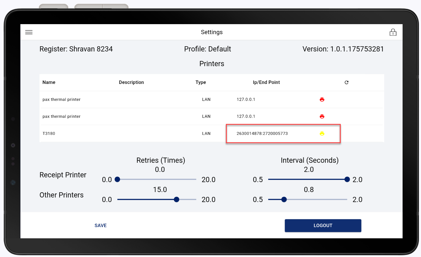 pos app hardware with ip endpoint field higlighted