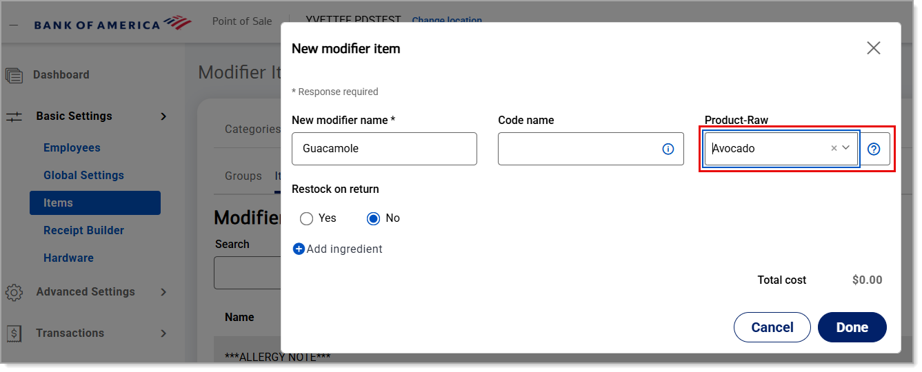 Product-Raw field on the new modifier item screen