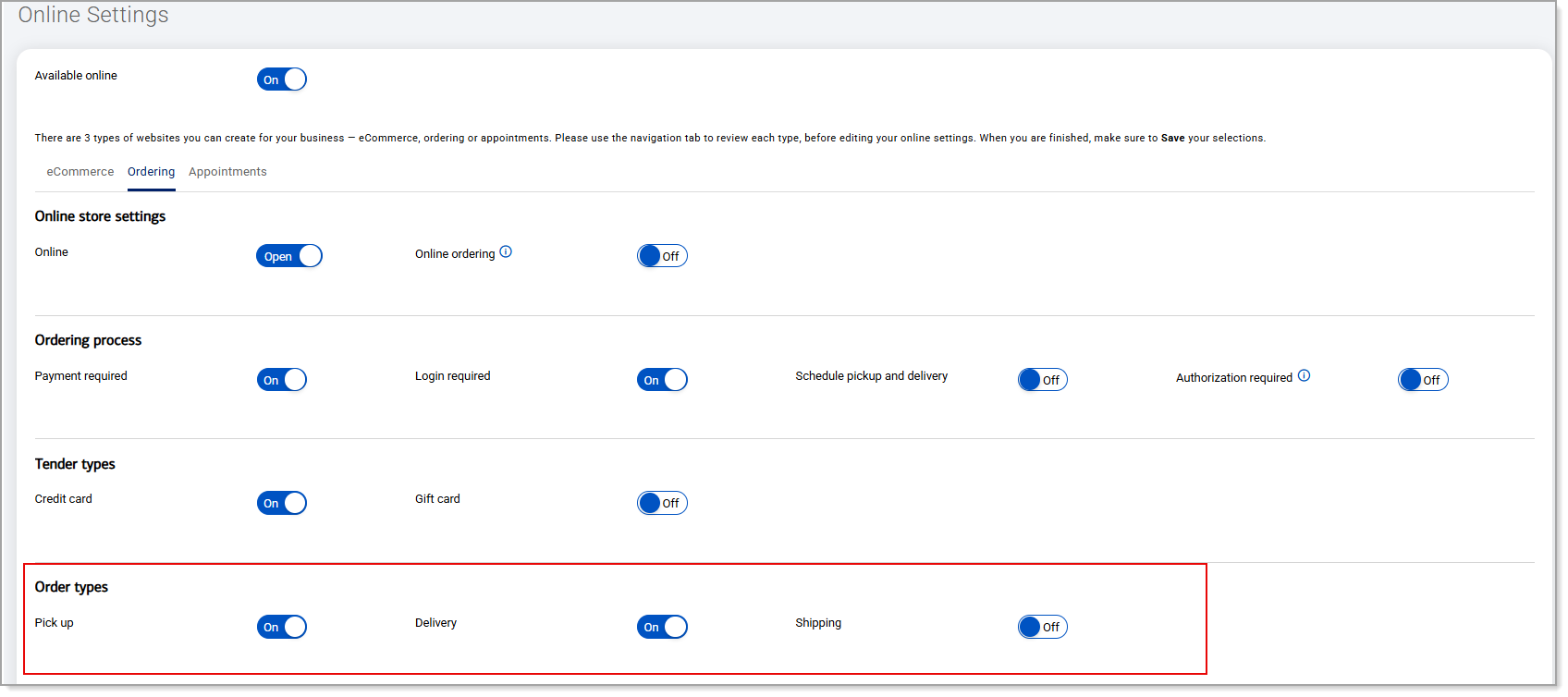 Online Settings Ordering Tab Order Type options