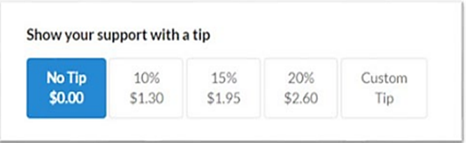 Customer view of tip amount options